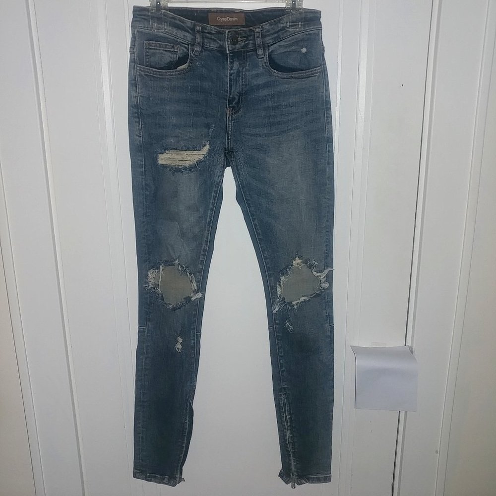 Crysp Denim: Distressed Skinny Stretch Jeans W/Inner Ankle Zippers: Mens Size 28